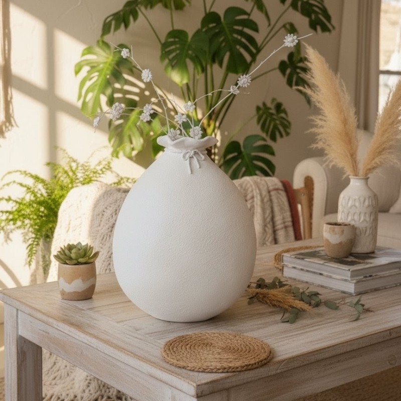 Vase Ballon Blanc Artisanal | Déco Argile Fleurs Séchées