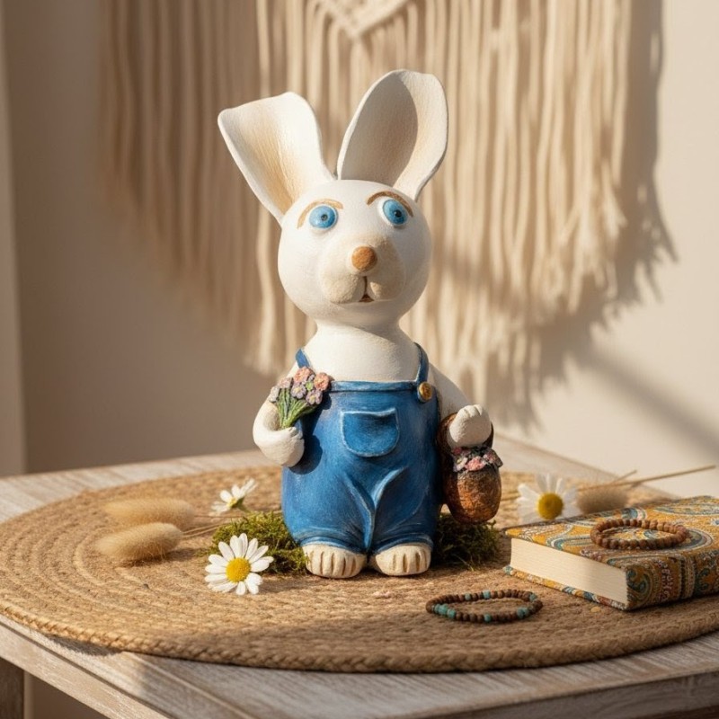 Figurine lapin artisanale | Sculpture argile et vernis | Déco de Pâque
