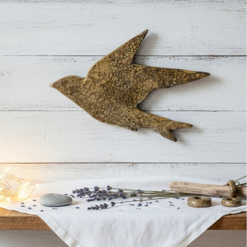 Hirondelle murale artisanale | Décoration argile et résine | Oiseau fa