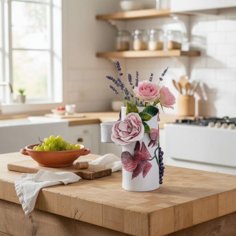 Vase sculptural fleur et raisin | Argile faite main | Déco double-face