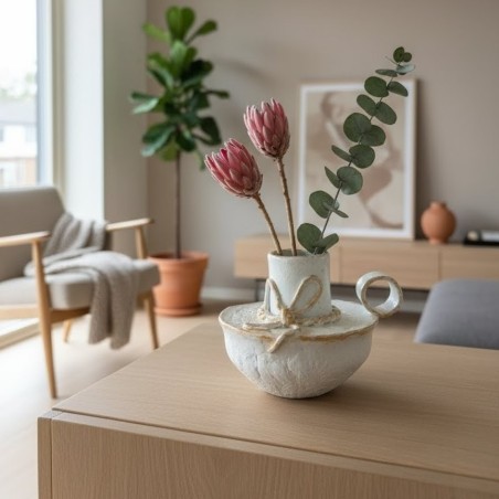 Vase Soliflore Artisanal Blanc et Or - Design Nœud en Relief