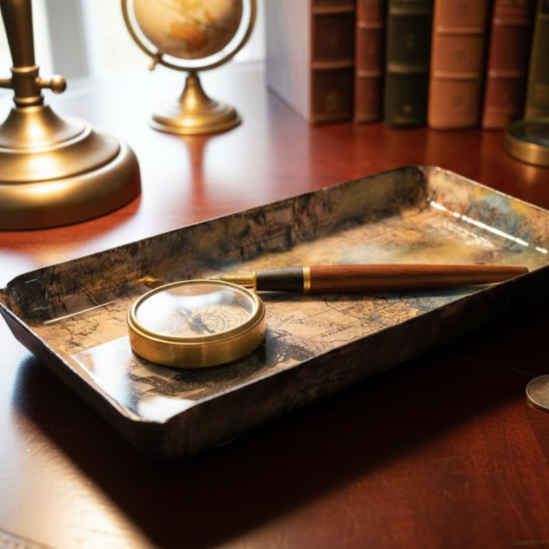 Plateau de luxe vitrifié en résine - Upcycling bois et art vintage