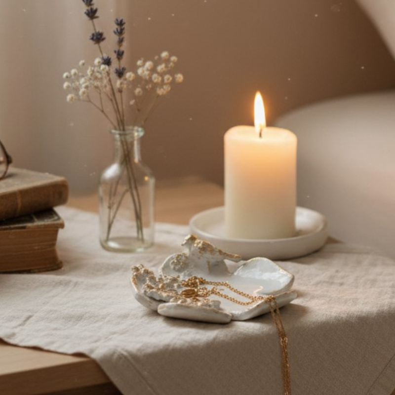 Coupelle Oiseau en Argile et Résine - Artisana Blanche et or.