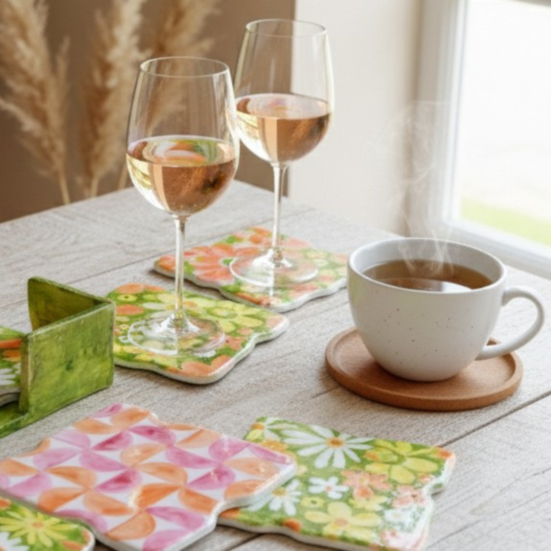 Dessous de verre artisanaux résine | Style Vintage 70s | Lot de 6 avec