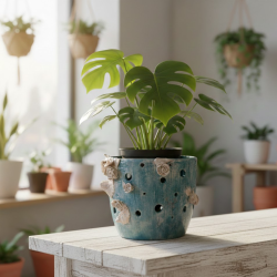 Pot de fleurs artisanal bleu | Cache-pot sculpté argile et résine | Dé