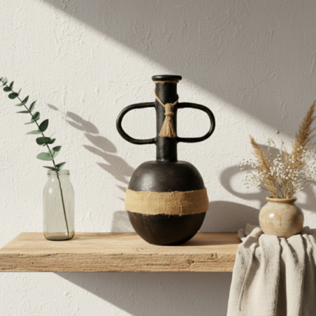 Vase artisanal brun | Déco bohème jute et corde | Sculpture argile uni