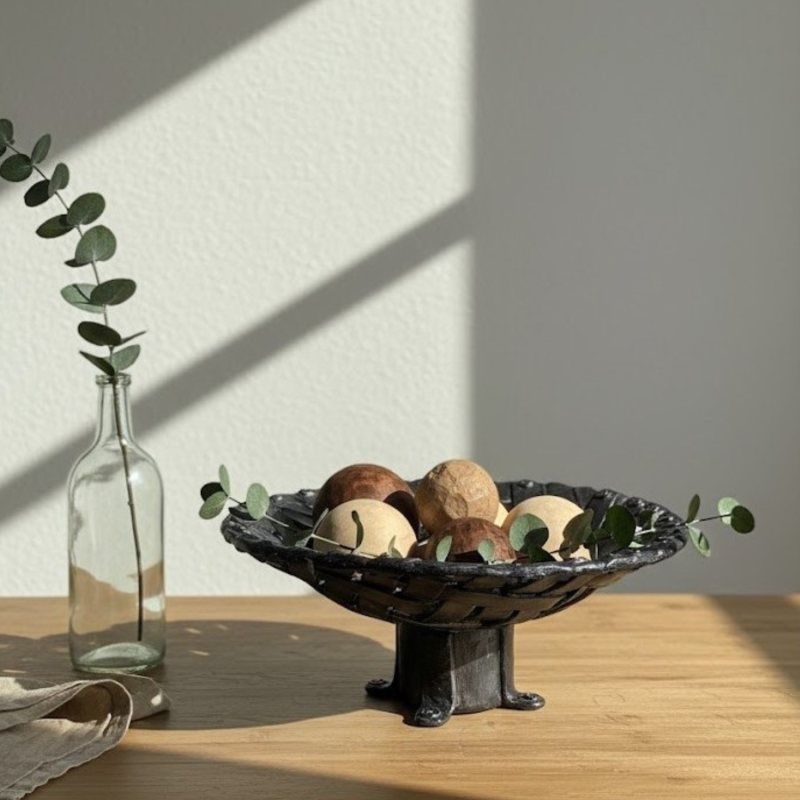 Corbeille sur pied artisanale tressée | Centre de table argile & verni