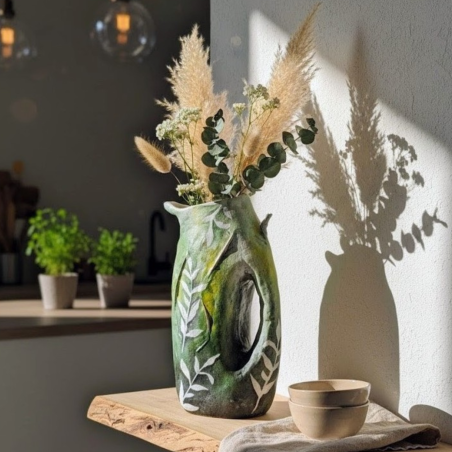 Vase upcycling artisanal | Argile et bois incrusté | Déco éco-responsa