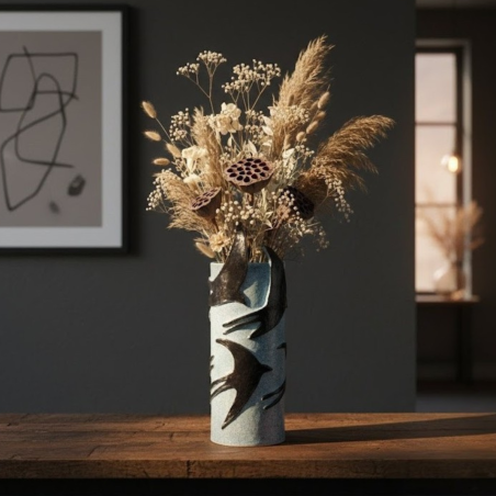 Vase artisanal hirondelles | Sculpture argile bleue | Déco oiseaux rel