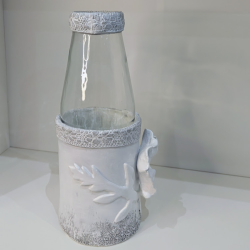 Vase Upcyclé Verre et Céramique Blanche - Fleur en Relief Fait Main
