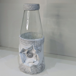Vase Upcyclé Verre et Céramique Blanche - Fleur en Relief Fait Main