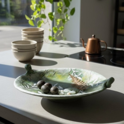 Duo vase et plateau upcycling | Argile et bois incrusté | Déco artisan