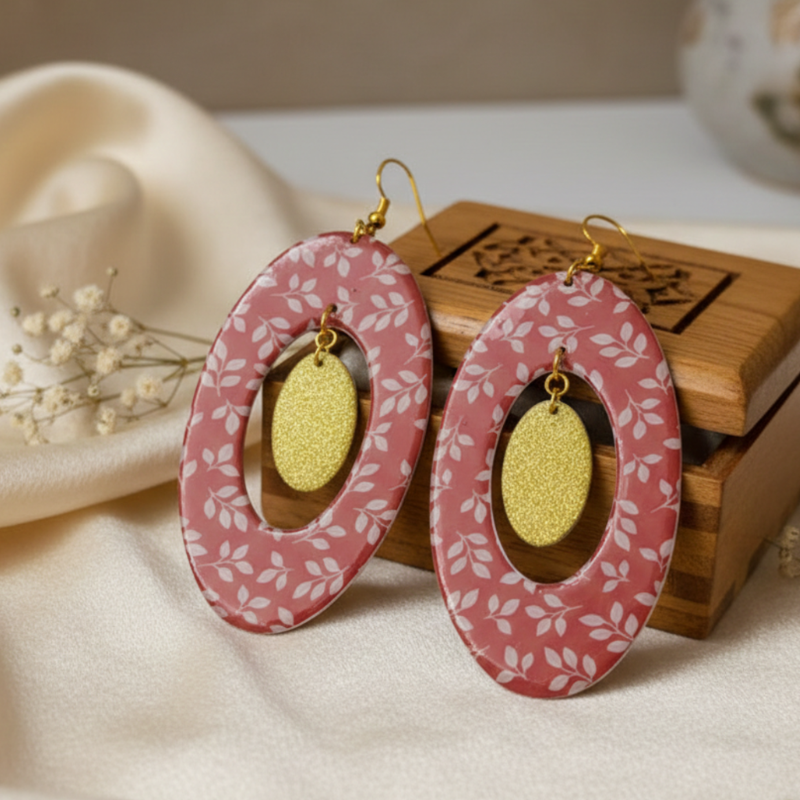 Boucles d'oreilles Ovales Rouge et Or Pailleté | Papier & Résine