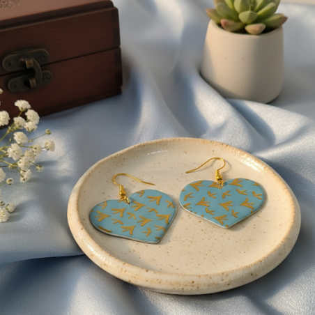 Boucles d'oreilles Cœur Bleu et Or | Papier & Résine | Romantique