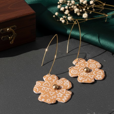 Boucles d'oreilles Fleurs Caramel et Or | Papier & Résine |  Moderne
