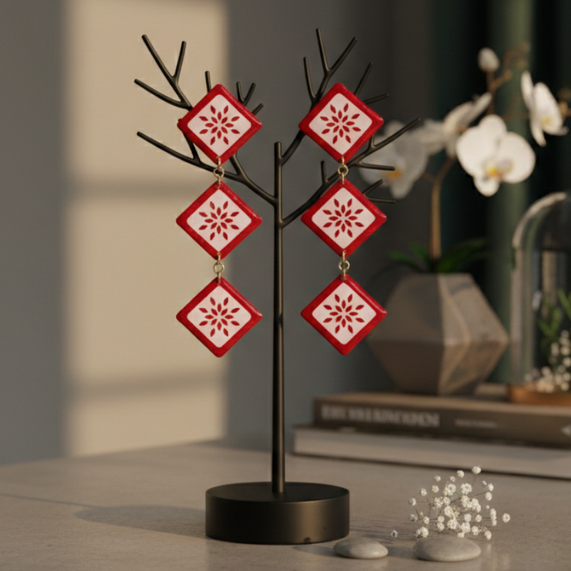 Boucles d'oreilles Triple Losange Rouge et Blanc | Papier & Résine