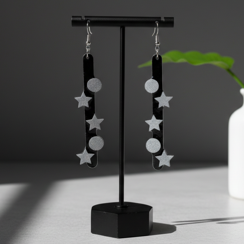 Boucles d'oreilles Nuit Étoilée Noir et Argent | Papier & Résine
