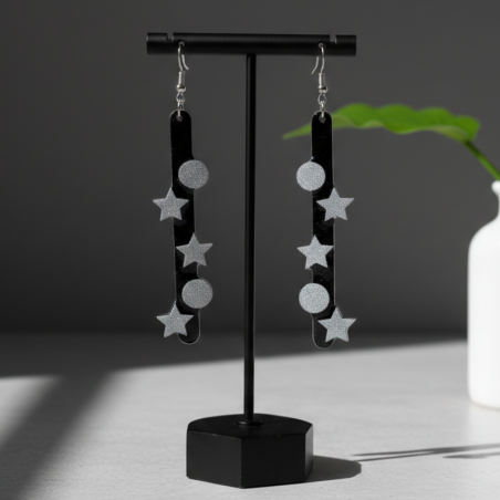 Boucles d'oreilles Nuit Étoilée Noir et Argent | Papier & Résine