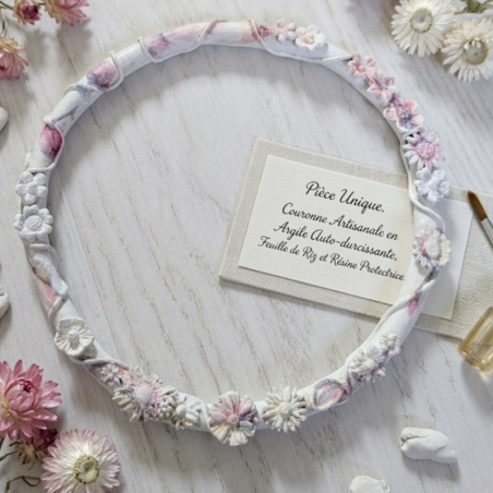 Couronne Artisanale Argile et Feuille de Riz Blanche 23,5 cm - Unique