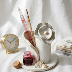 Porte-pinceau sculpté "Éclosion" – Argile vernie fait main – Design Or