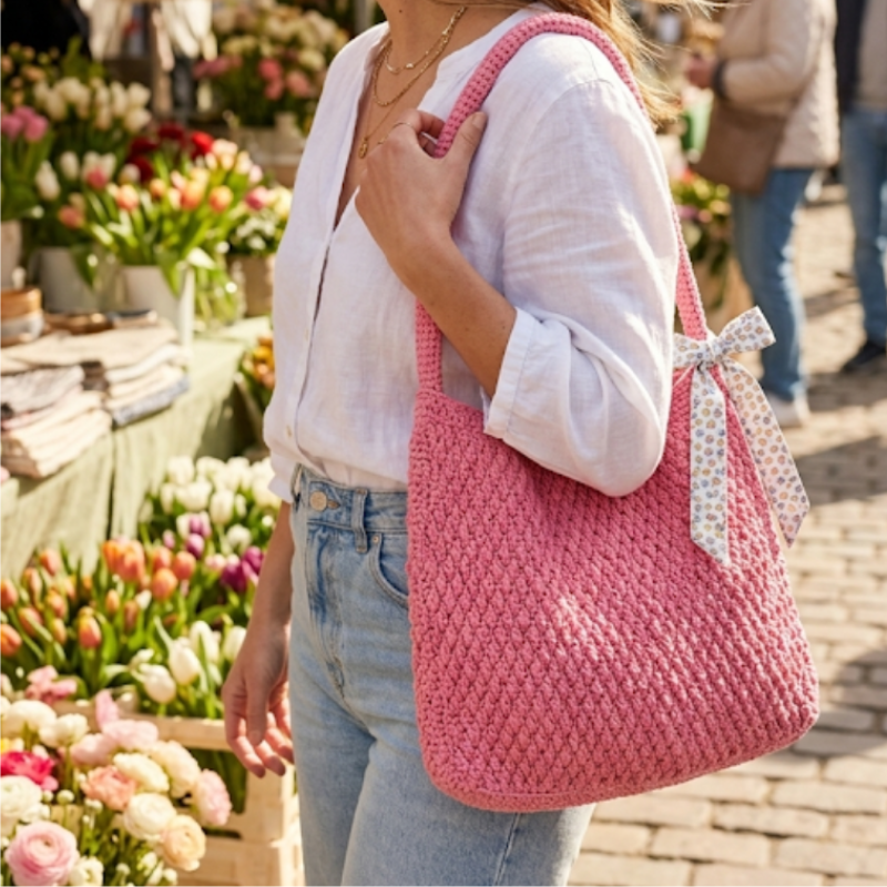Sac à Main Crochet Rose Antique Fait Main - Doublé Coton & Poches