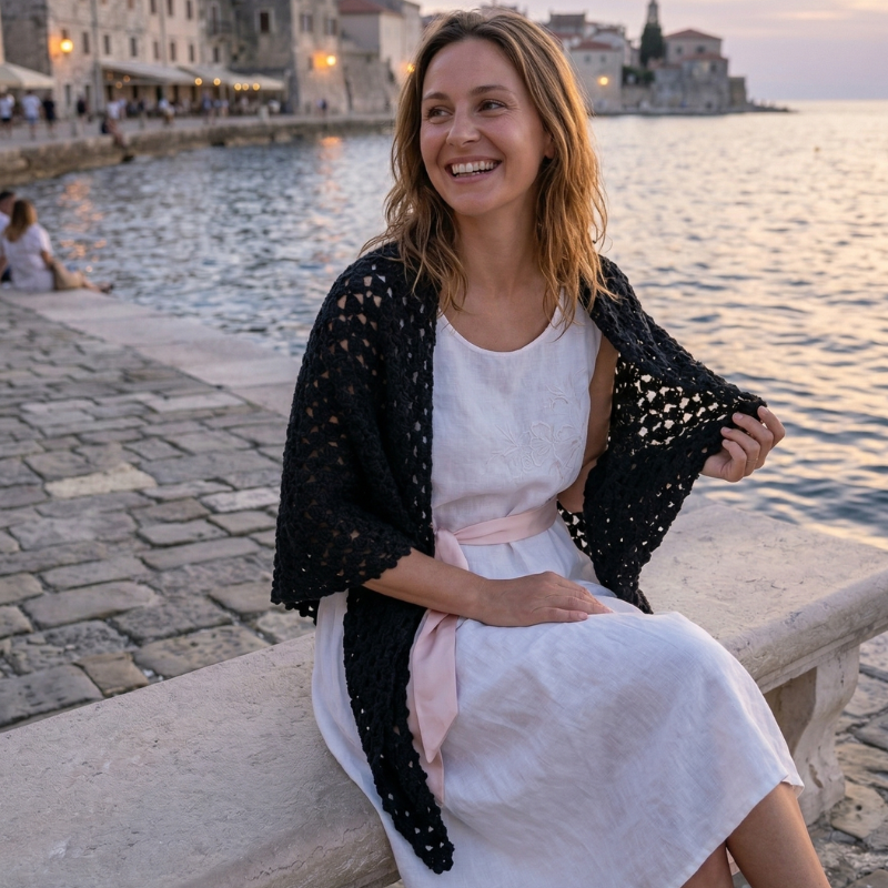 Grand Châle au Crochet Noir Intense - 204 cm - Pièce de Créateur