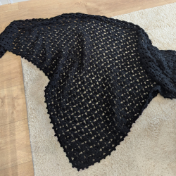 Grand Châle au Crochet Noir Intense - 204 cm - Pièce de Créateur