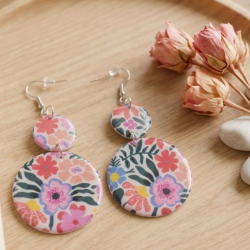 Boucles d'Oreilles Double Disque Fleurs - Papier & Résine Artisanale
