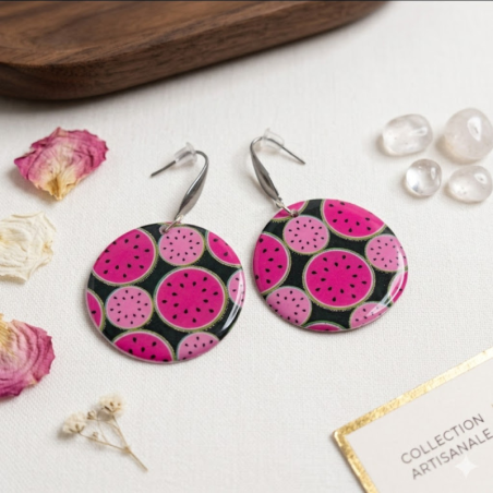 Boucles d'Oreilles Pastèque en Papier Résiné - Bijou Été Fait Main