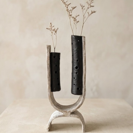 Solifleur Double Noir & Effet Pierre | Vase Artisanal Brutaliste