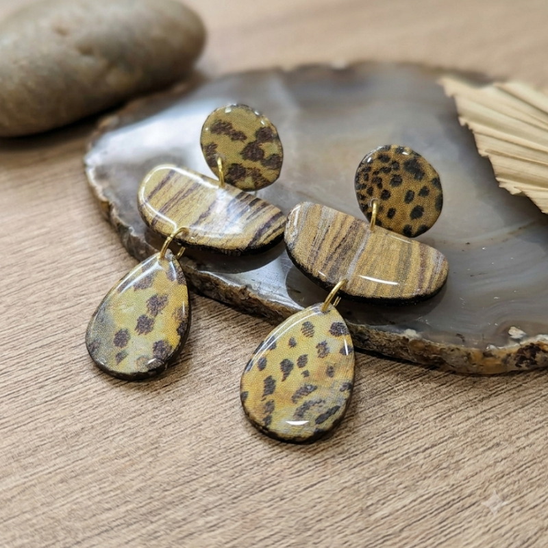 Boucles d'Oreilles Léopard & Bois Fait Main en Argile & Résine