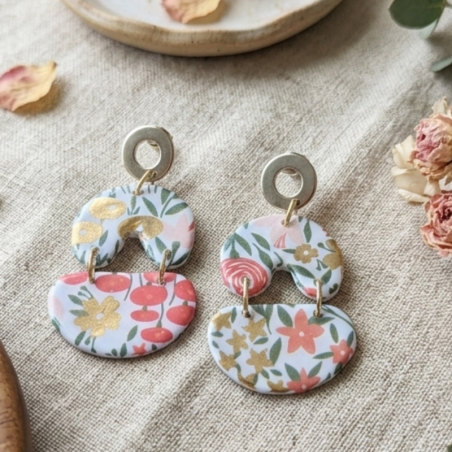 Grandes Boucles d'Oreilles Carrées Papier & Résine - Design Floral